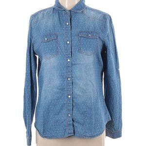 CAVALINI Blue Super Soft Stonewashed Polka Dot Snap-Button Tailored Shirt Size L